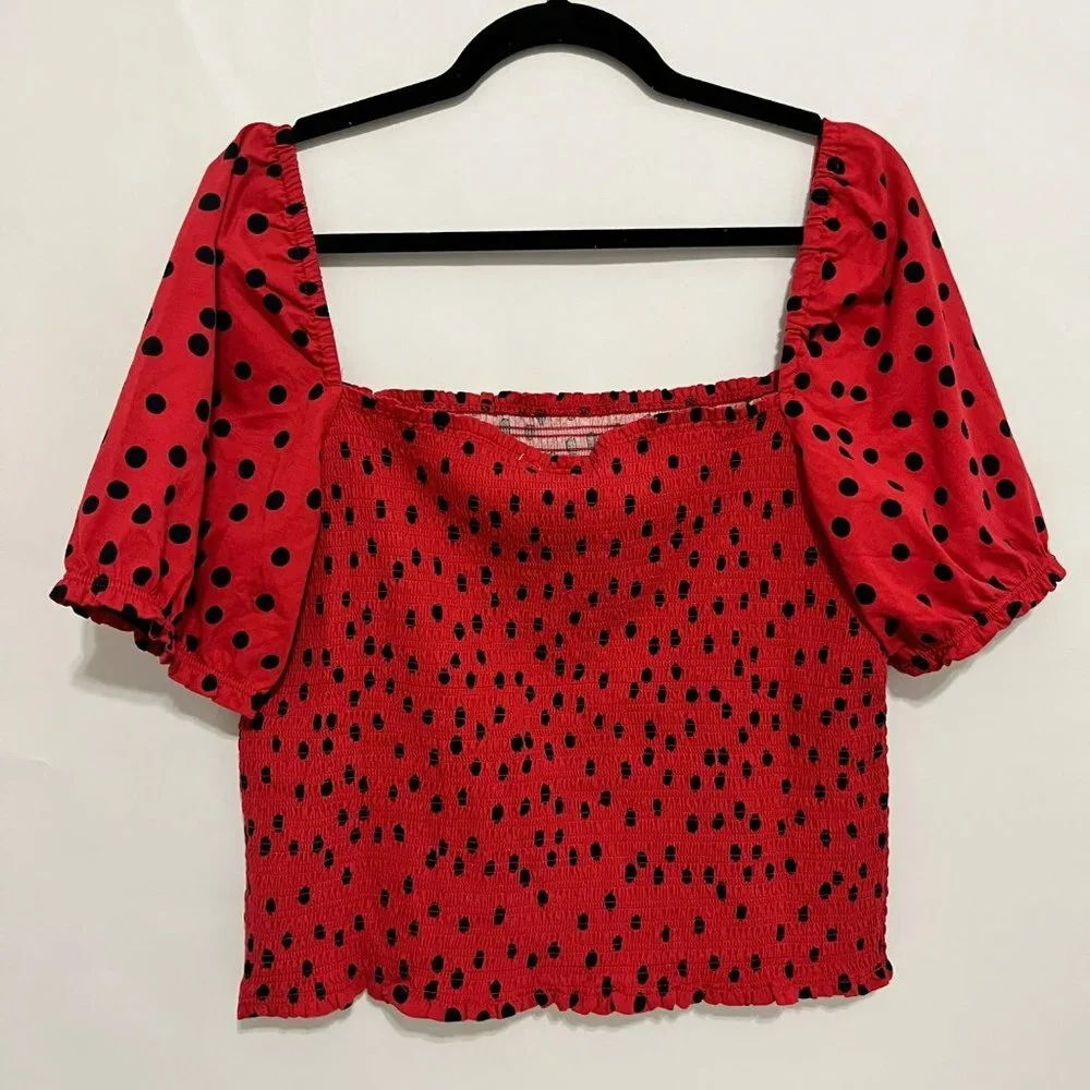 NEW ANTHROPOLOGIE DOLAN BLOUSE XL POLKA DOT SMOCK TOP RED BLACK PUFF SLEEVE NWOT - Picture 3 of 10